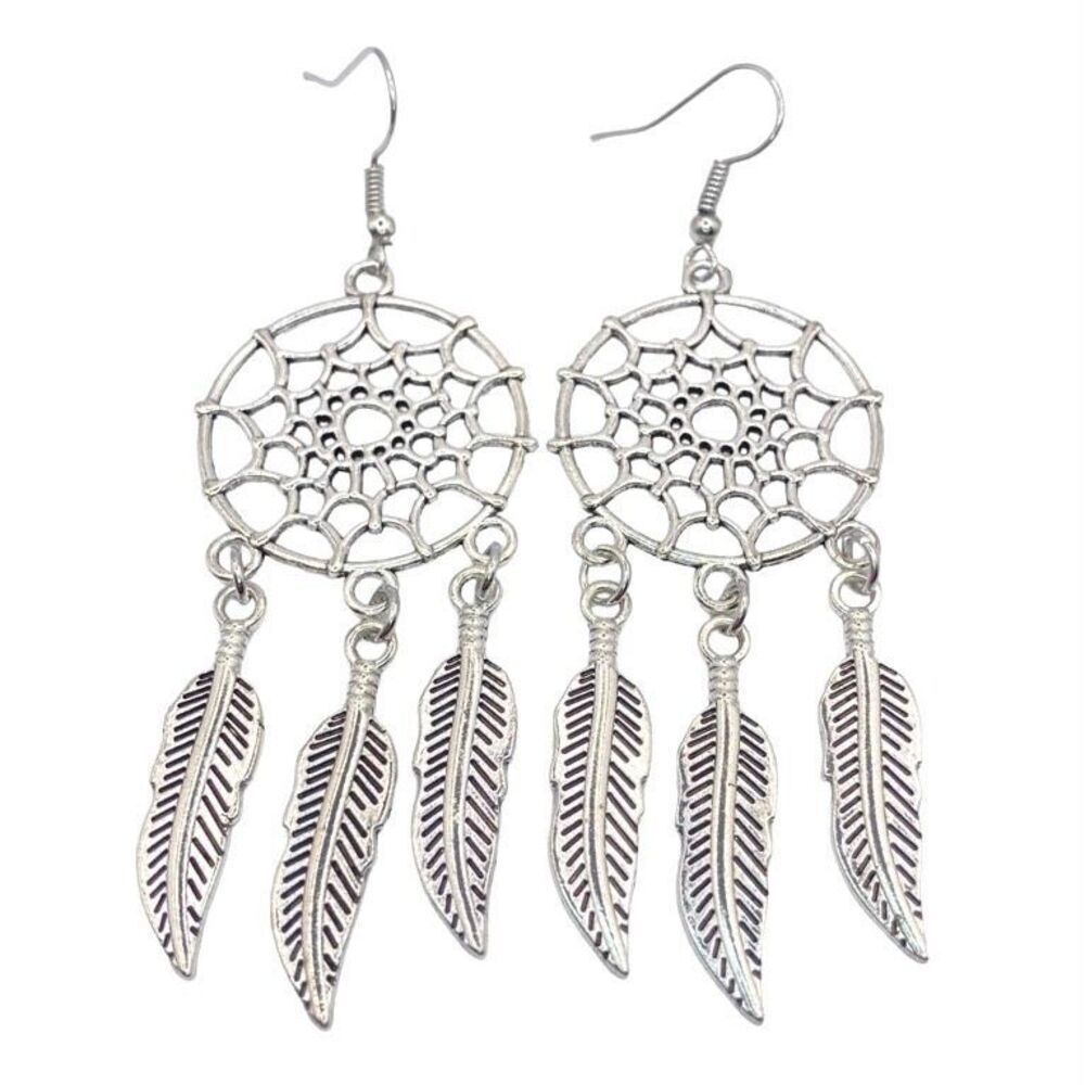 Silver Dangle Charm Earrings Boho Dream Catcher Dangle Errings